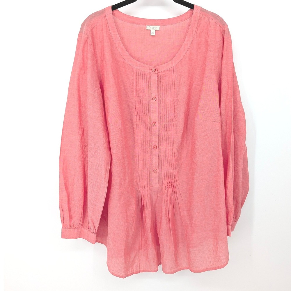 Talbots Blouse Women 1X Red Pintuck Pleated Cotton Long Sleeve Top Casual Mature